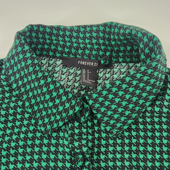 Forever 21 Houndstooth Button Down Shirt Romper Size Small Green Black Academia - Picture 5 of 8